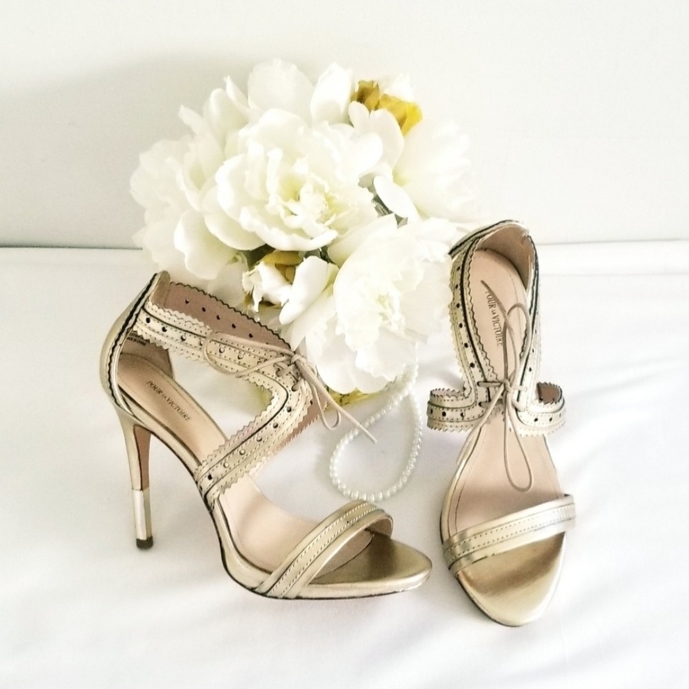 Pour La Victoire Shanna Metallic Gold Lace Up Detail Strappy Heels
